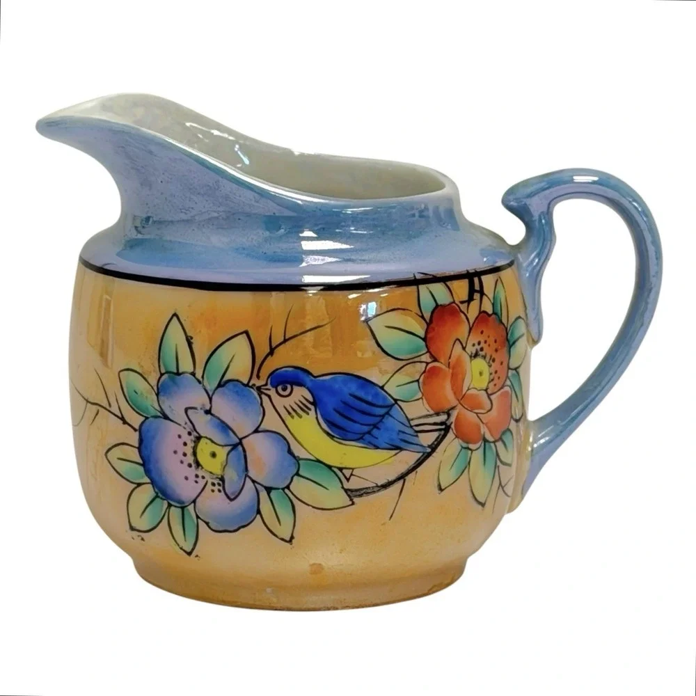 Vintage 1950s Handmade In Japan Lusterware Sugar Bowl & Creamer Bird‎ Floral